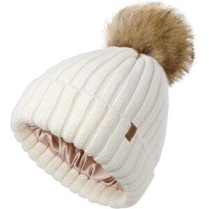 Women's White Winter Beanie Hat Satin Lined Faux Fur Pom Pom Beanies Hat